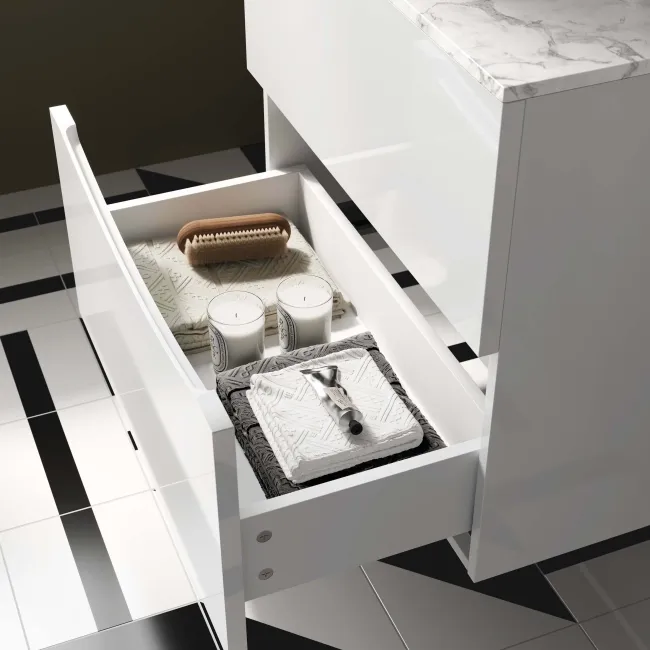 Austin Gloss White Wall Hung Drawer Vanity with Marble Top & Round Counter Top Basin 600mm