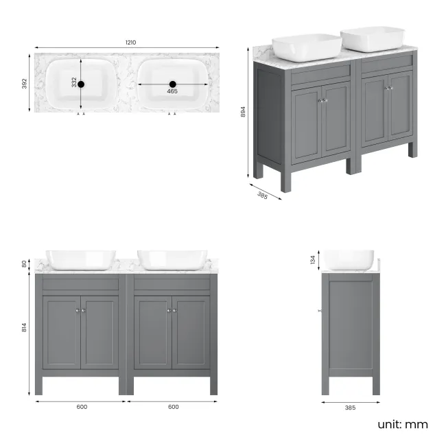 Bermuda Dove Grey Vanity with Marble Top & Curved Counter Top Basin 1200mm