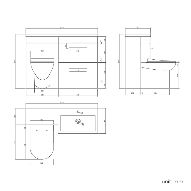 Avon Gloss White Combination Basin Drawer and Aruba Toilet 1100mm - Right Handed