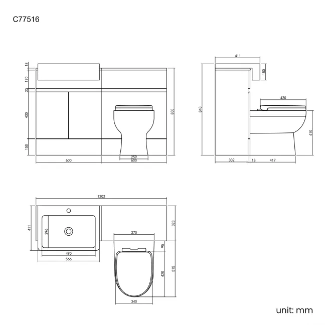 Foster Stone Grey Combination Vanity Basin and Seattle Toilet 1200mm