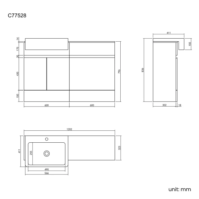 Foster Stone Grey Basin Vanity with Marble Top & Back To Wall Unit 1200mm
