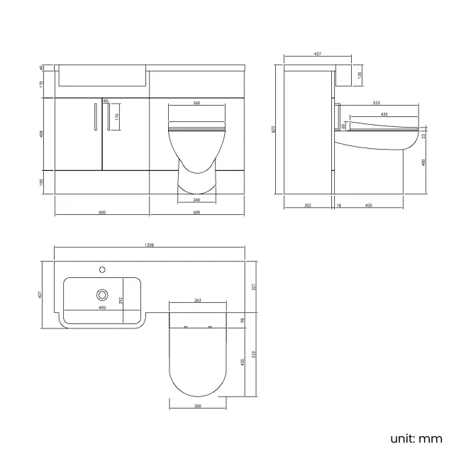 Harper Gloss White Combination Vanity Basin and Aruba Toilet 1200mm - Black Accents - Left Handed