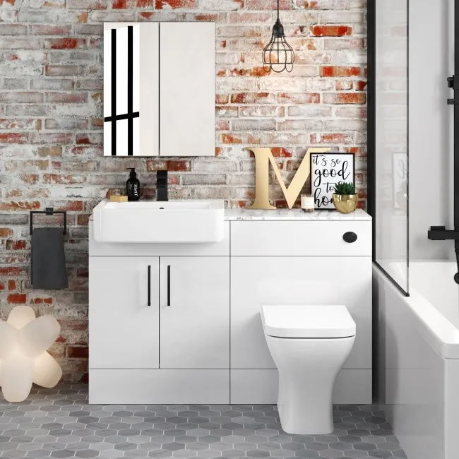 Harper Gloss White Combination Vanity Basin with Marble Top & Atlanta Toilet 1200mm - Black Accents
