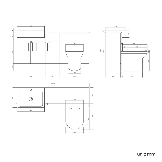 Harper Gloss White Combination Vanity Basin with Marble Top & Miami Toilet 1500mm - Black Accents