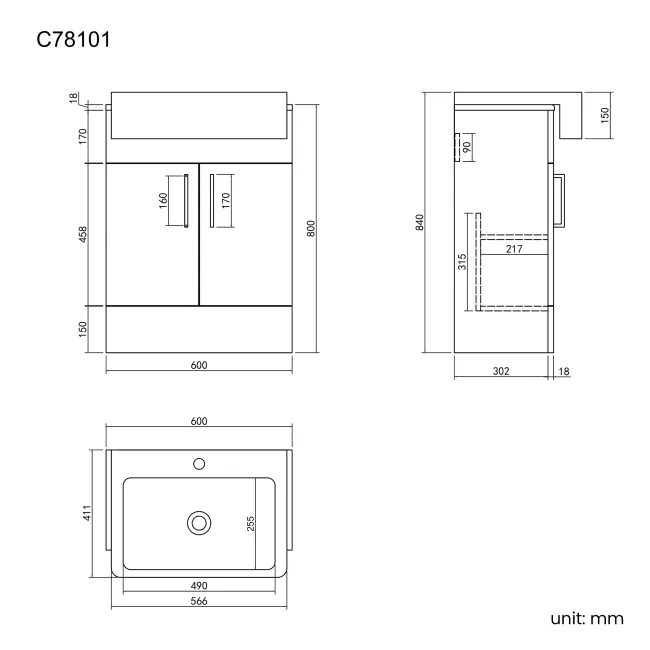 Harper Charcoal Elm Vanity with Semi Recessed Basin 600mm - Black Accents