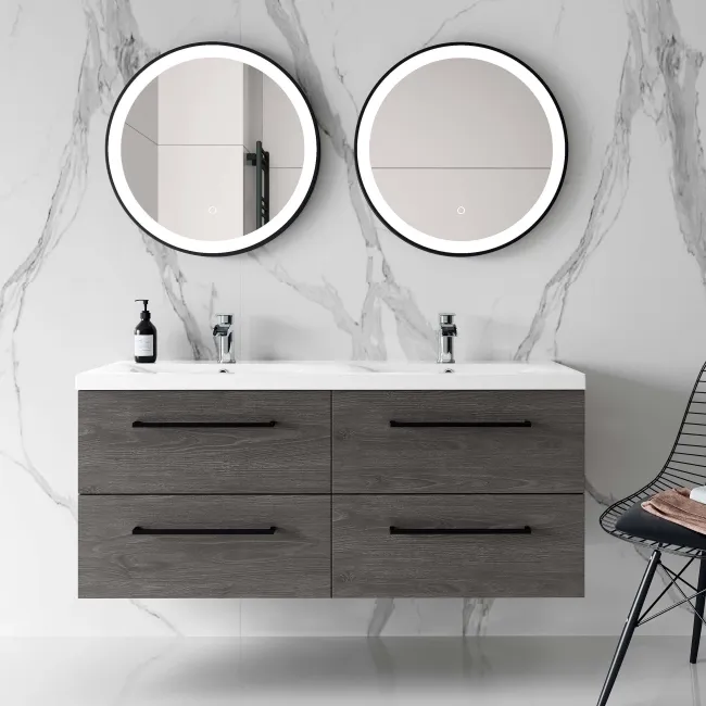 Elba Charcoal Elm Wall Hung Double Basin Drawer Vanity 1200mm - Black Accents