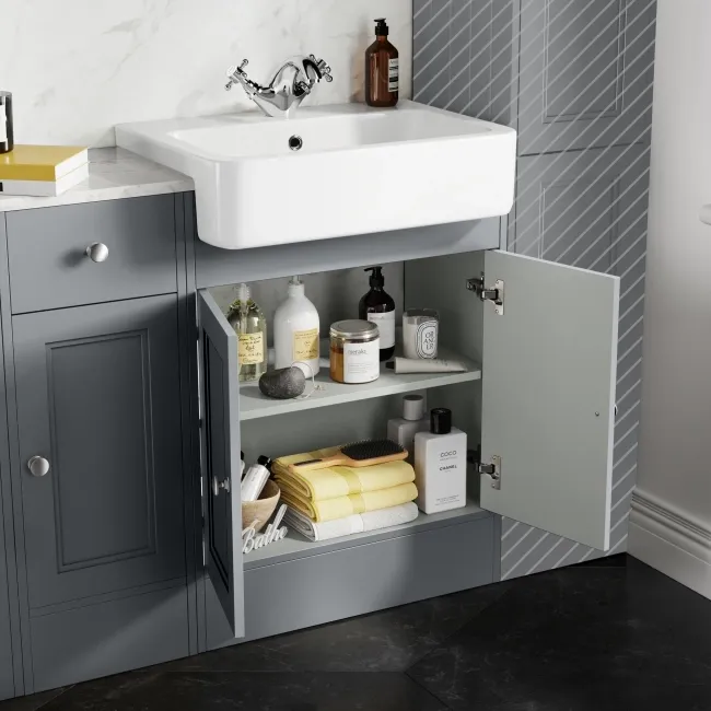 Monaco Dove Grey Combination Vanity Basin with Marble Top and Hudson Toilet with Wooden Seat 1500mm