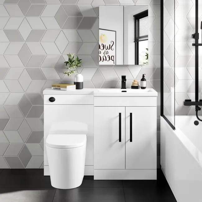Avon Gloss White Combination Vanity Basin and Boston Toilet 1100mm - Black Accents - Right Handed