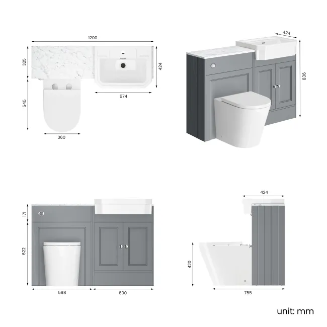 Monaco Dove Grey Combination Vanity Traditional Basin with Marble Top & Boston Toilet 1200mm