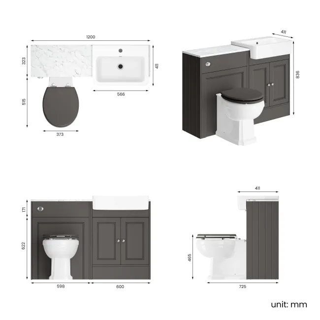 Monaco Graphite Grey Combination Vanity Basin with Marble Top & Hudson Toilet with Wooden Seat 1200mm