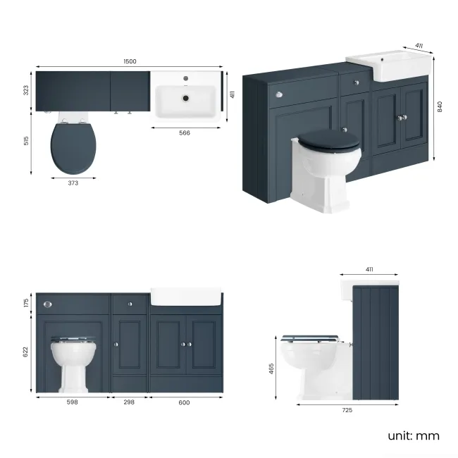 Monaco Inky Blue Combination Vanity Basin and Hudson Toilet with Wooden Seat 1500mm