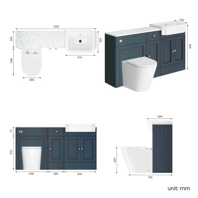 Monaco Inky Blue Combination Vanity Traditional Basin with Marble Top and Boston Toilet 1500mm