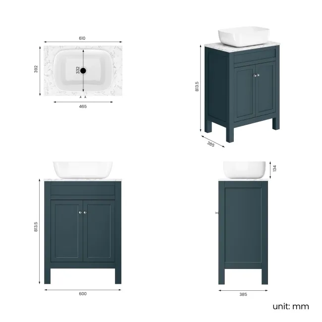 Bermuda Inky Blue Vanity with Marble Top & Curved Counter Top Basin 600mm
