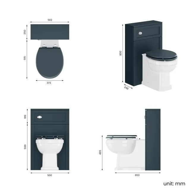 Bermuda Traditional Inky Blue Slimline Back To Wall Unit and Hudson Toilet with Wooden Seat