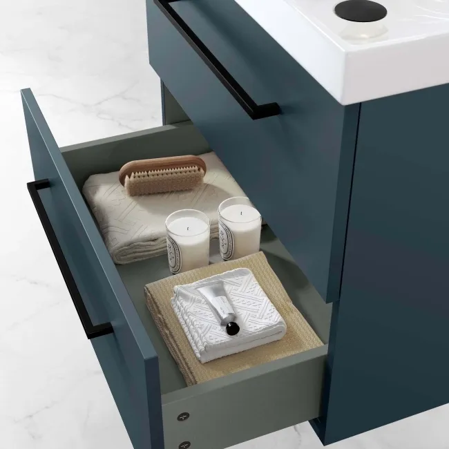 Elba Inky Blue Wall Hung Basin Drawer Vanity 600mm - Black Accents