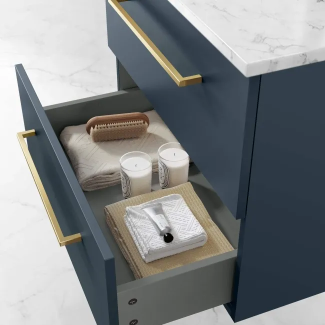 Elba Inky Blue Wall Hung Drawer Vanity with Marble Top & Oval Counter Top Basin 600mm - Brushed Brass Accents