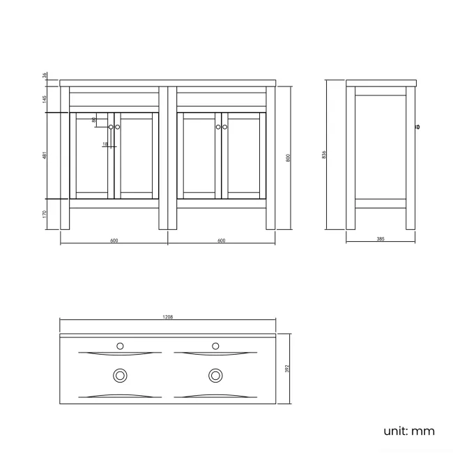 Bermuda Dove Grey Double Basin Vanity 1200mm - Brushed Brass Accents
