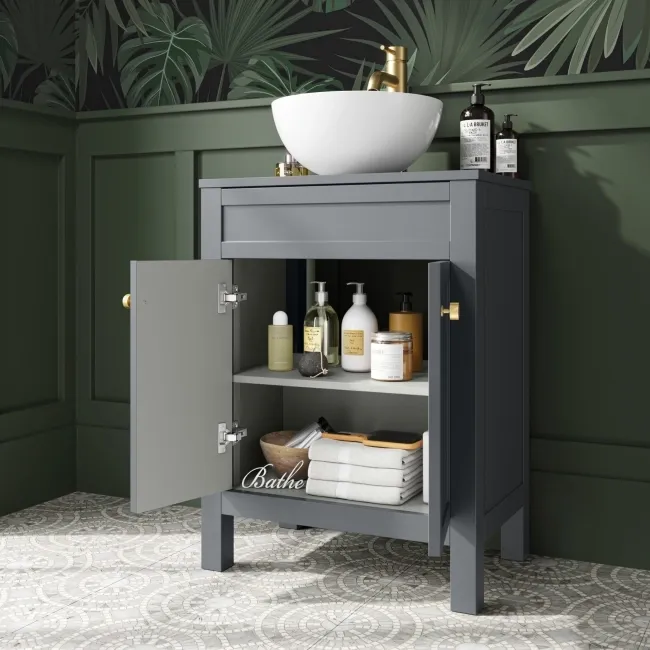 Bermuda Dove Grey Vanity with Round Counter Top Basin 600mm - Brushed Brass Accents