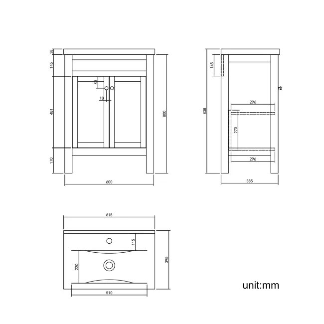 Bermuda Chalk White Basin Vanity 600mm - Brushed Brass Accents
