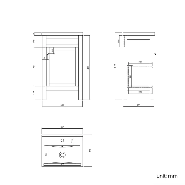 Bermuda Graphite Grey Basin Vanity 500mm - Brushed Brass Accents