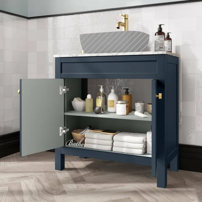 Bermuda Inky Blue Cabinet with Marble Top 800mm Excludes Counter Top Basin - Brushed Brass Accents