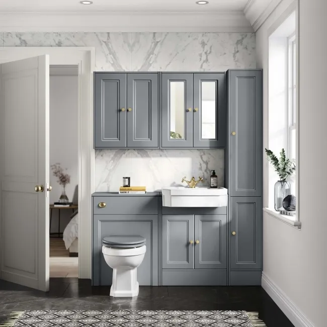 Monaco Dove Grey Traditional Basin Vanity and Back To Wall Unit 1200mm (Excludes Pan & Cistern) - Brushed Brass Accents