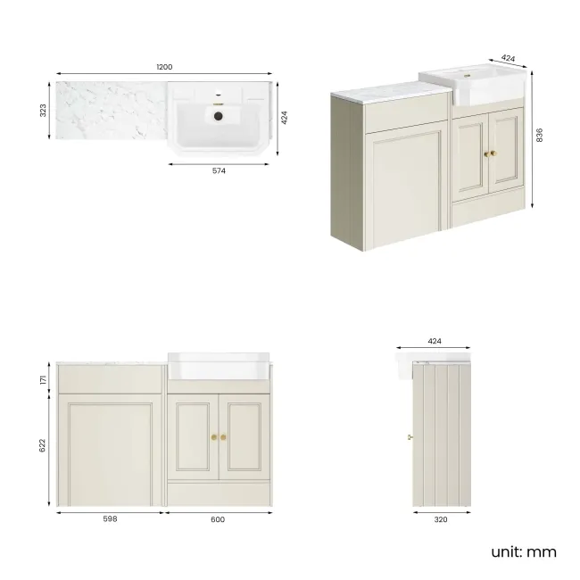 Monaco Chalk White Combination Vanity Traditional Basin with Marble Top 1200mm (Excludes Pan & Cistern) - Brushed Brass Accents