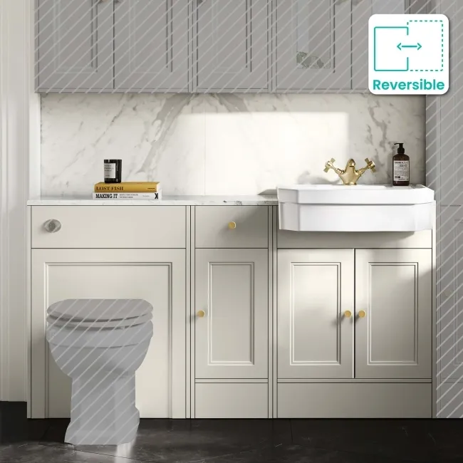 Monaco Chalk White Combination Vanity Traditional Basin with Marble Top 1500mm (Excludes Pan & Cistern) - Brushed Brass Accents