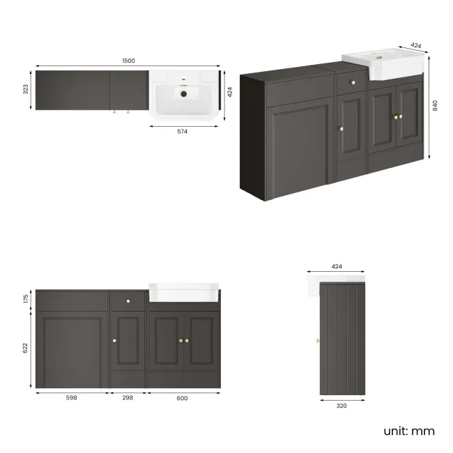Monaco Graphite Grey Traditional Basin Vanity and Back To Wall Unit 1500mm (Excludes Pan & Cistern) - Brushed Brass Accents