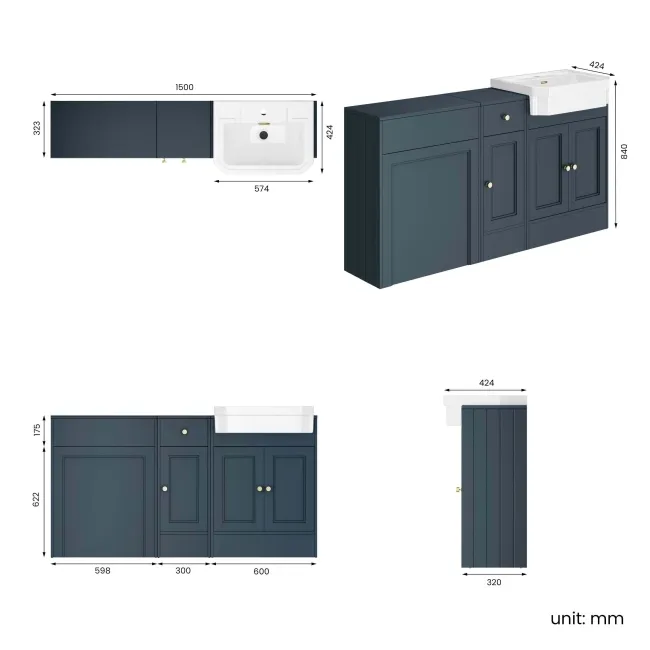 Monaco Inky Blue Traditional Basin Vanity and Back To Wall Unit 1500mm (Excludes Pan & Cistern) - Brushed Brass Accents