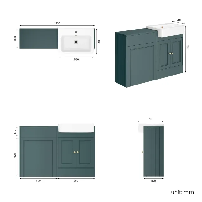Monaco Midnight Green Basin Vanity and Back To Wall Unit 1200mm (Excludes Pan & Cistern) - Brushed Brass Accents