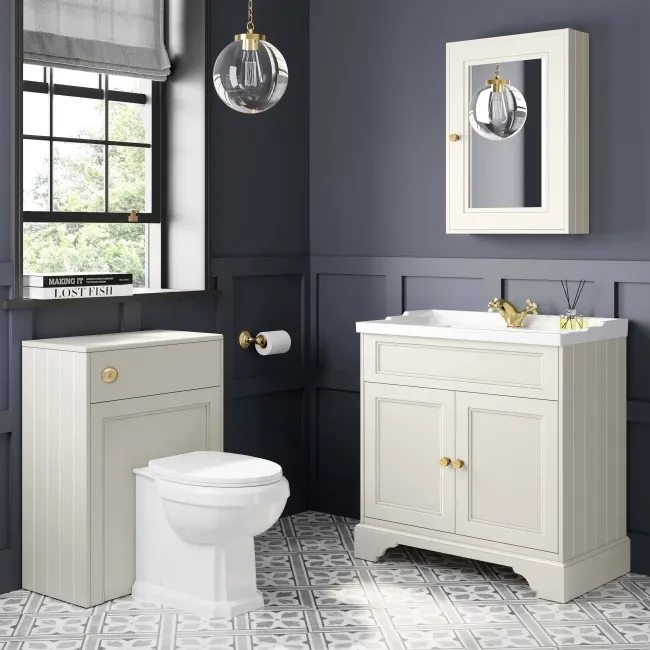 Lucia Chalk White Basin Vanity 830mm - Brushed Brass Accents
