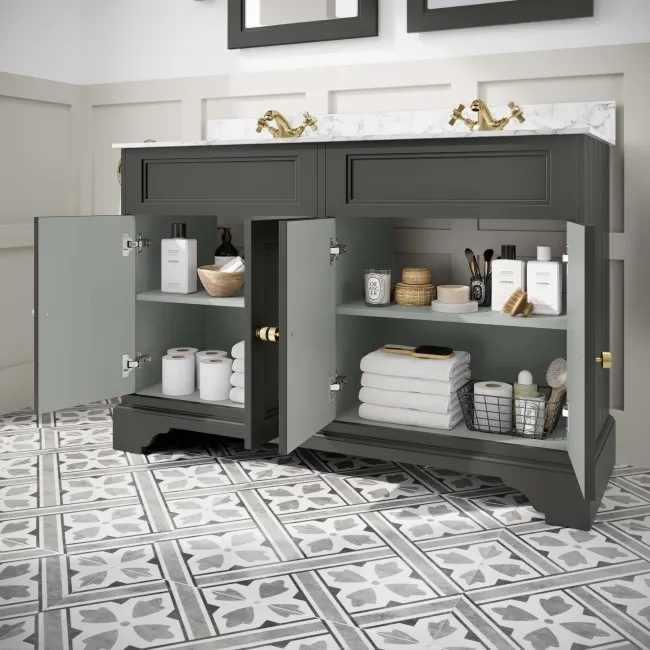 Lucia Graphite Grey Double Vanity with Marble Top & Undermount Basins 1200mm - Brushed Brass Accents