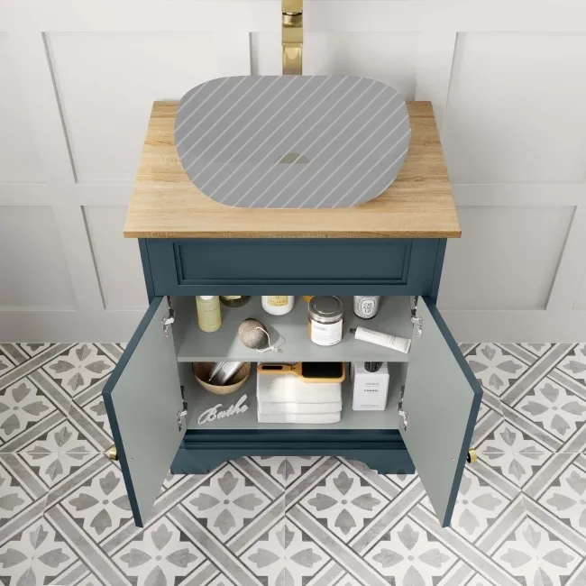 Lucia Inky Blue Cabinet with Oak Effect Top 640mm (Excludes Counter Top Basin) - Brushed Brass Accents