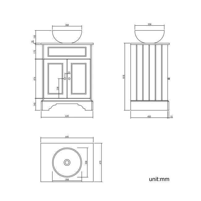Lucia Inky Blue Vanity with Oak Effect Top & Round Counter Top Basin 640mm - Brushed Brass Accents