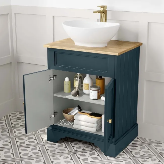 Lucia Inky Blue Vanity with Oak Effect Top & Oval Counter Top Basin 640mm - Brushed Brass Accents
