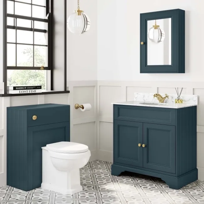 Lucia Inky Blue Vanity with Marble Top & Undermount Basin 830mm - Brushed Brass Accents