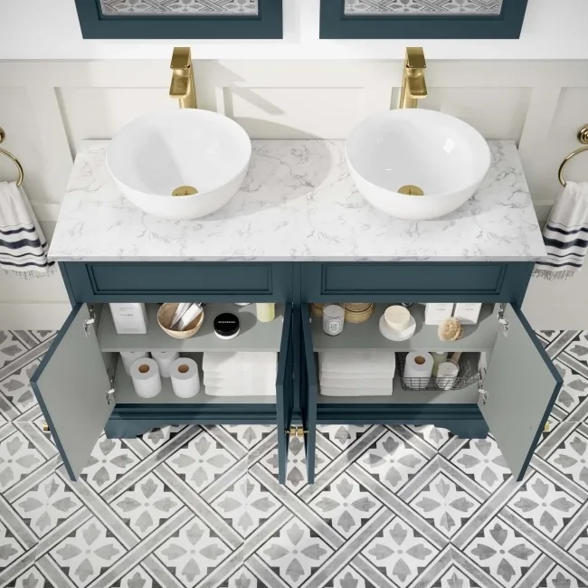 Lucia Inky Blue Double Vanity with Marble Top & Round Counter Top Basin 1200mm - Brass Accents