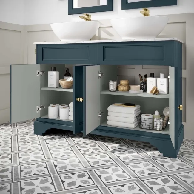 Lucia Inky Blue Double Vanity with Marble Top & Oval Counter Top Basin 1200mm - Brushed Brass Accents