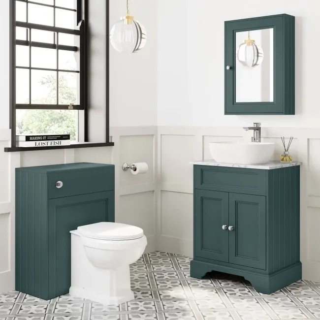 Lucia Midnight Green Vanity with Marble Top & Curved Counter Top Basin 640mm