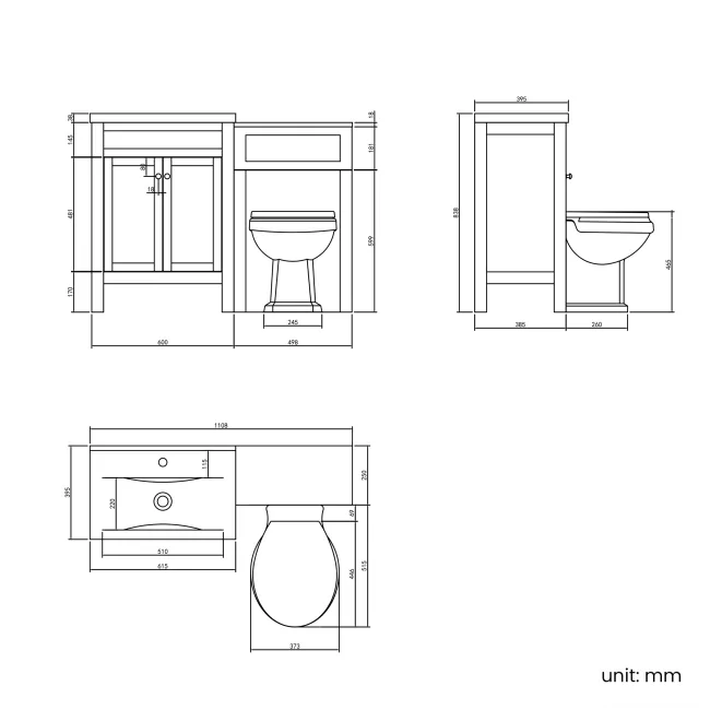 Bermuda Midnight Green Combination Vanity Basin and Hudson Toilet with Wooden Seat 1100mm