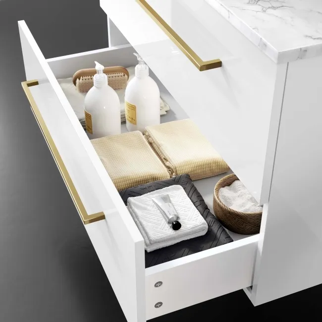 Elba Gloss White Wall Hung Drawer Vanity with Marble Top & Curved Counter Top Basin 800mm - Brushed Brass Accents