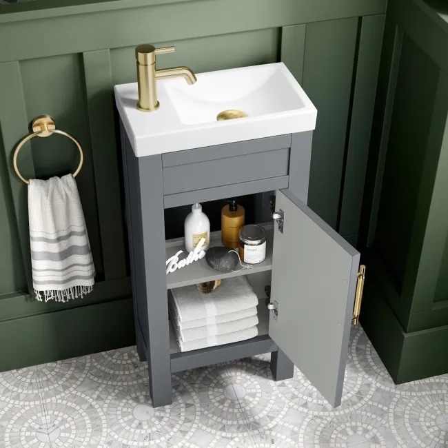 Bermuda Dove Grey Cloakroom Basin Vanity 400mm - Brass Knurled Handles