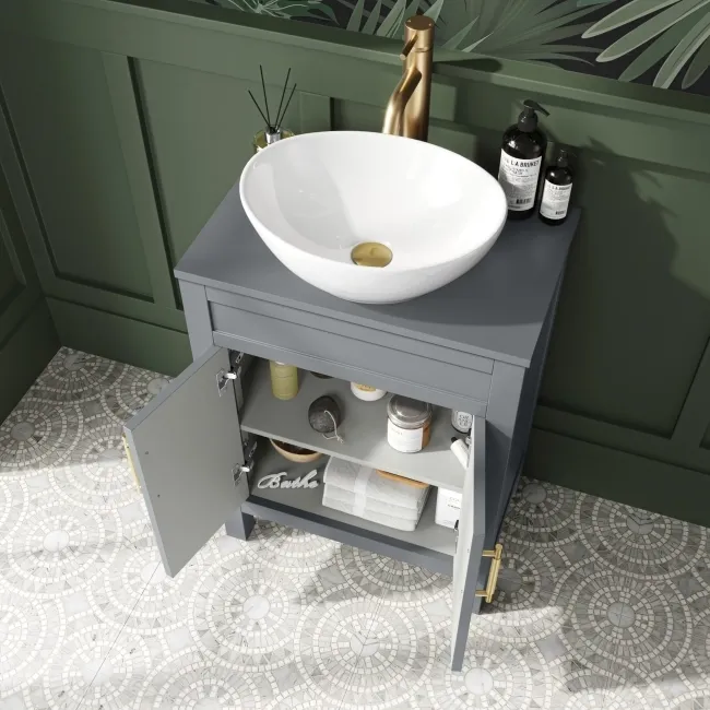 Bermuda Dove Grey Vanity with Oval Counter Top Basin 600mm - Brass Knurled Handles