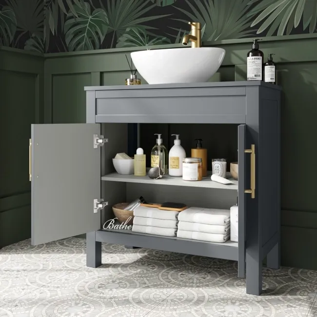 Bermuda Dove Grey Vanity with Oval Counter Top Basin 800mm - Brass Knurled Handles