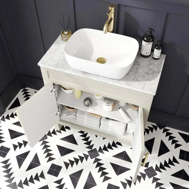 Bermuda Chalk White Vanity with Marble Top & Curved Counter Top Basin 800mm - Brass Knurled Handles