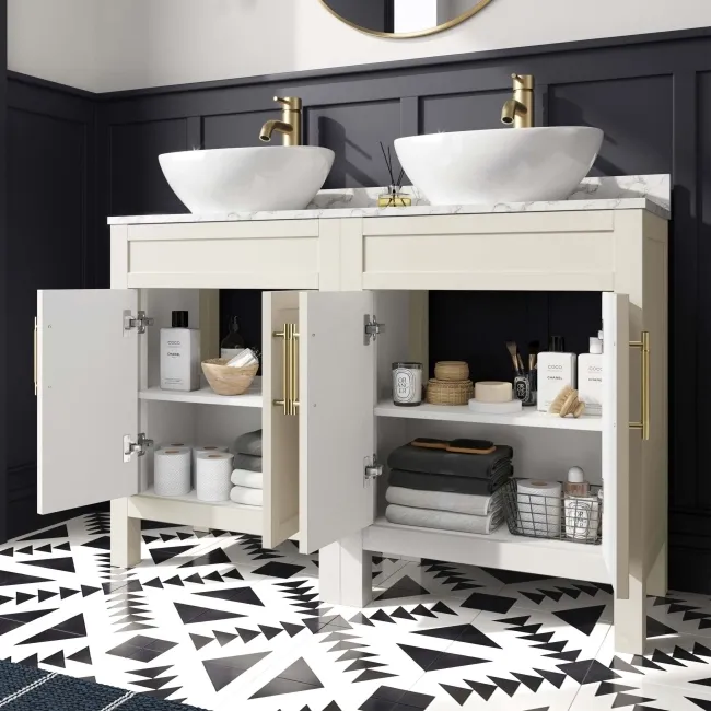 Bermuda Chalk White Vanity with Marble Top & Oval Counter Top Basin 1200mm - Brass Knurled Handles