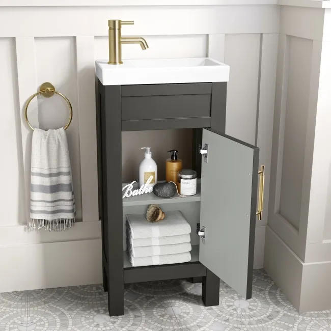 Bermuda Graphite Grey Cloakroom Basin Vanity 400mm - Brass Knurled Handles