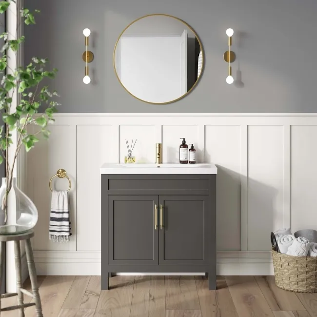 Bermuda Graphite Grey Basin Vanity 800mm - Brass Knurled Handles