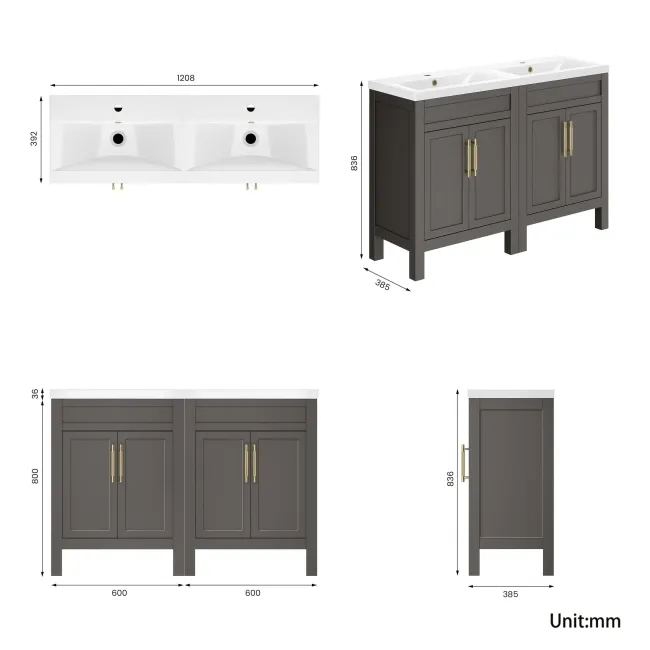 Bermuda Graphite Grey Double Basin Vanity 1200mm - Brass Knurled Handles